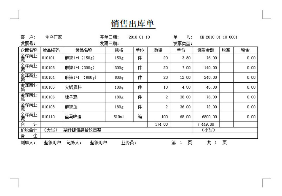 食品进销存打印格式